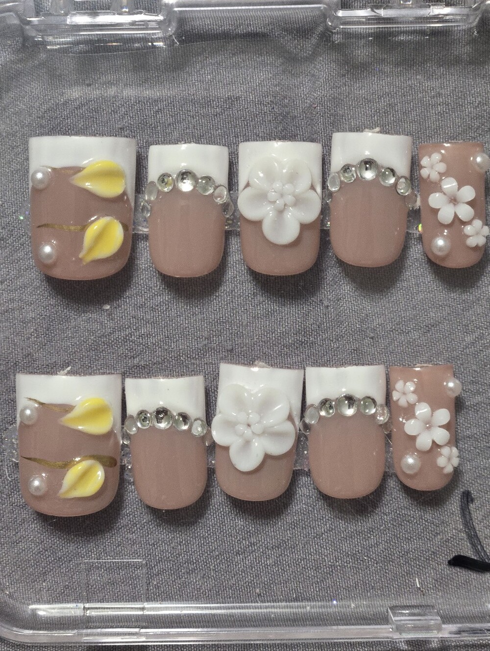 Press-On Floral French Tip Nail Set - Nude & White with Yellow Accents